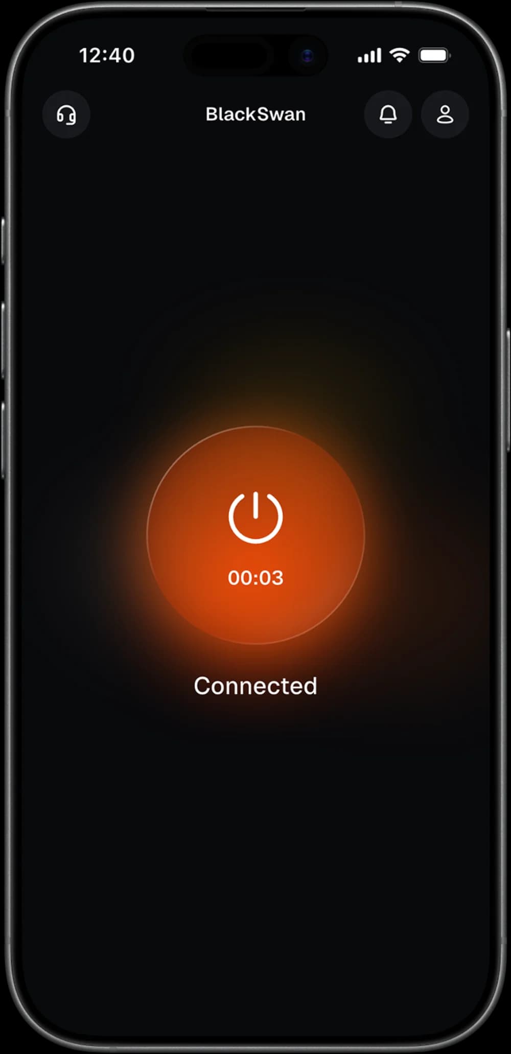 BlackSwan VPN app on iPhone showing the orange connect button and Connected status